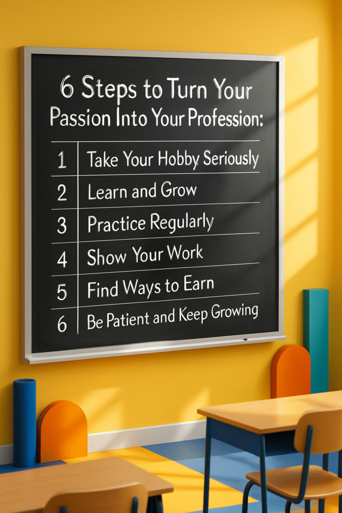 - 6 Steps To Turn Your Passion Into Your Profession Blackboard listing '6 Steps to Turn Your Passion Into Profession', detailing the first two steps: 1. Take your hobby seriously, 2. Learn and grow — guiding how to turn hobby into career.