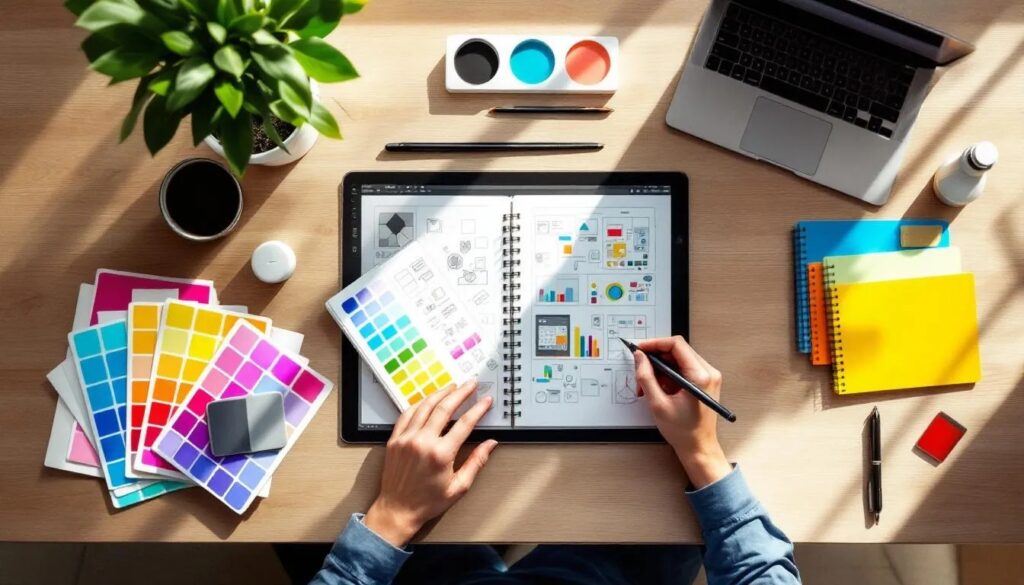 - Designer Close-up of a graphic designer’s hands selecting and arranging elements within a physical album, illustrating the creative process to turn hobby into career.