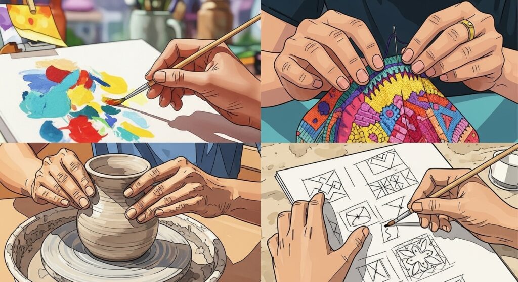 - Lot Of Hands Collage showcasing hobbies like painting, sewing, pottery, and drawing — highlighting how creative passions can turn hobby into career.
