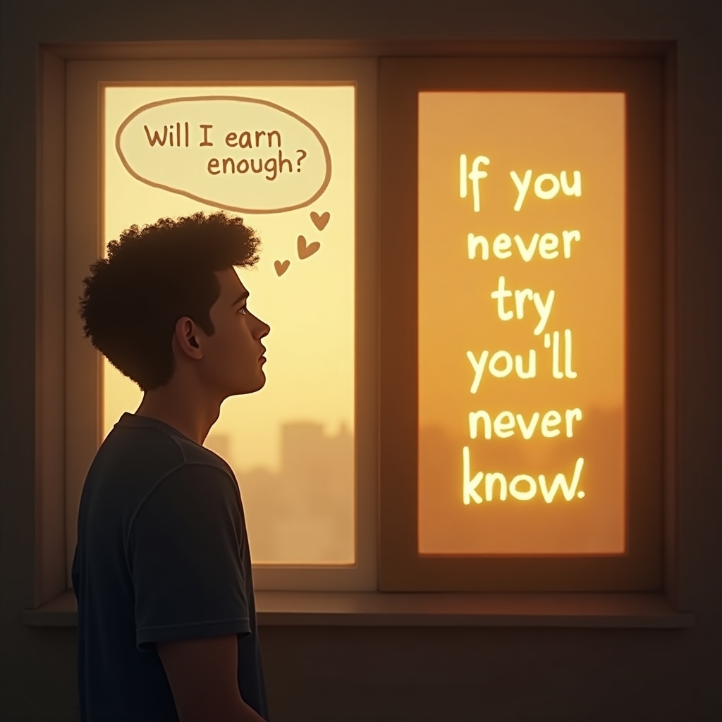 - People Often Think Person standing thoughtfully, looking at text: 'Will I earn enough?' on the left, and 'If you never try you never know' on the right, symbolizing the common fears and encouragement in turning a passion into a career.