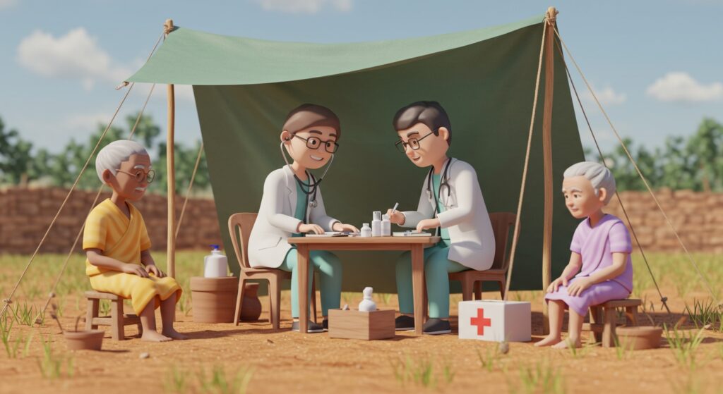 A doctor treating patients for free, representing the noble profession but reminding parents to stop forcing kids to be doctors or engineers and let them choose their own path.