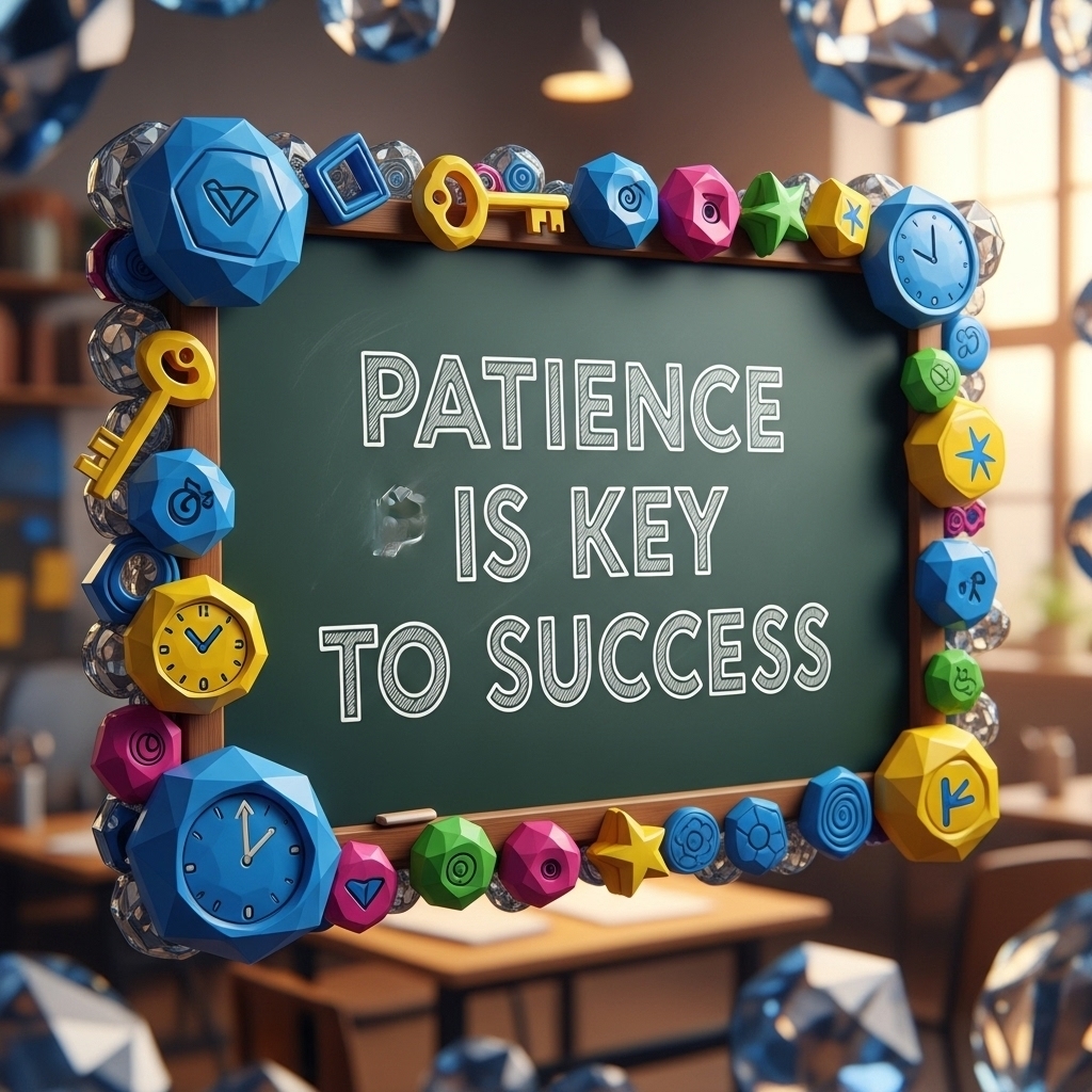 - envato labs ai 5de8ba2d 86e9 4aa8 82ee 52248401cc1d Colorful chalkboard with the message “Patience Is Key To Success,” surrounded by bright doodles, symbolizing the mindset needed to turn hobby into career.