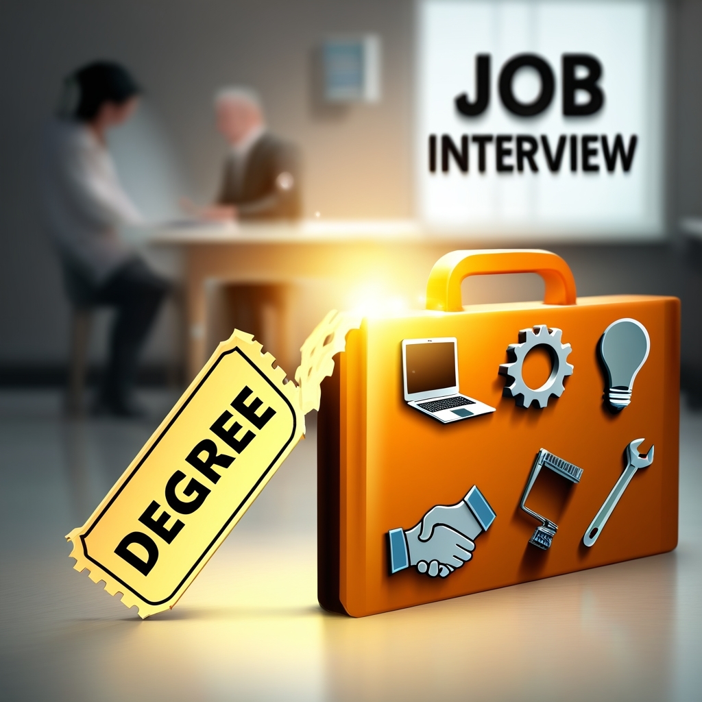 An illustration showing a faded golden ticket labeled “Degree” and a glowing toolbox filled with practical tools like a laptop, gears, and lightbulb, symbolizing that your career needs skills—not just qualifications—to succeed in today’s job market.