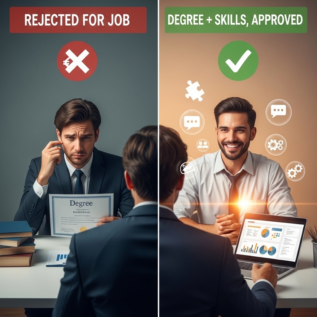 Split image showing a graduate with a degree facing job rejection on one side, and a skilled individual receiving a job offer on the other, emphasizing why many are jobless after degree without practical skills