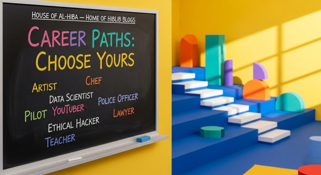 Blackboard displaying various career paths and professions, highlighting the message to stop forcing kids to be doctors or engineers and encourage exploring diverse futures.
