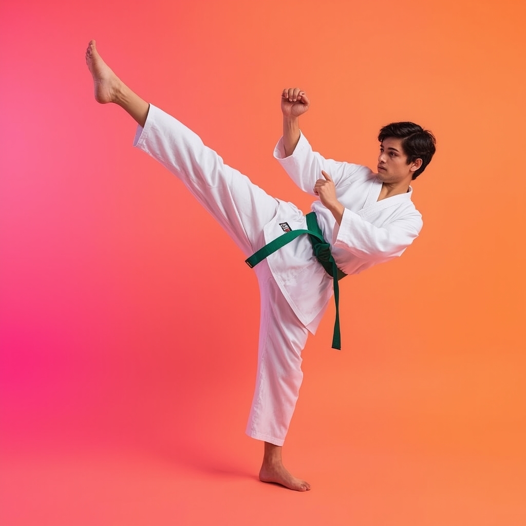 - envato labs ai f4c3df54 6d12 4c18 85db ed022e55a42b Man practicing martial arts with a kick position, demonstrating discipline and focus needed to turn hobby into career.