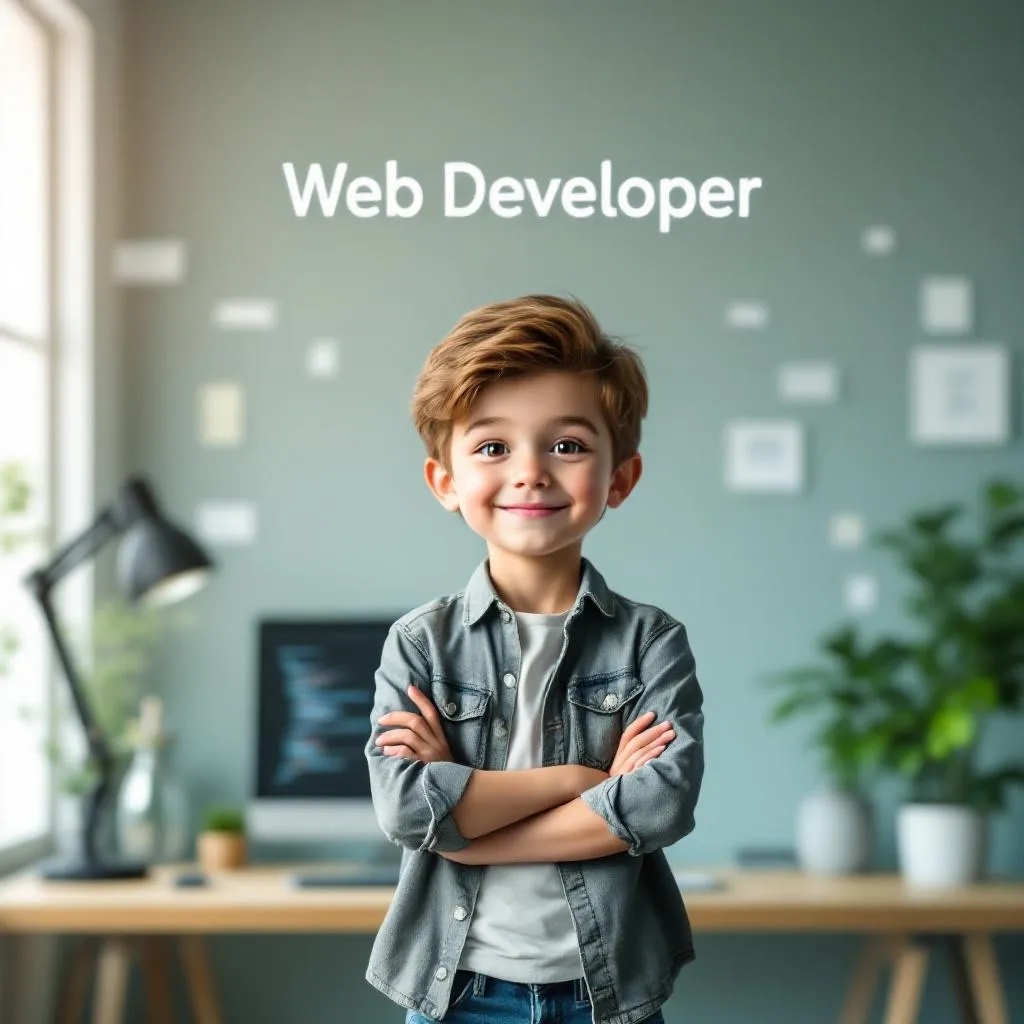 - envato labs image edit 1 Child posing with 'Web Developer' text in the background