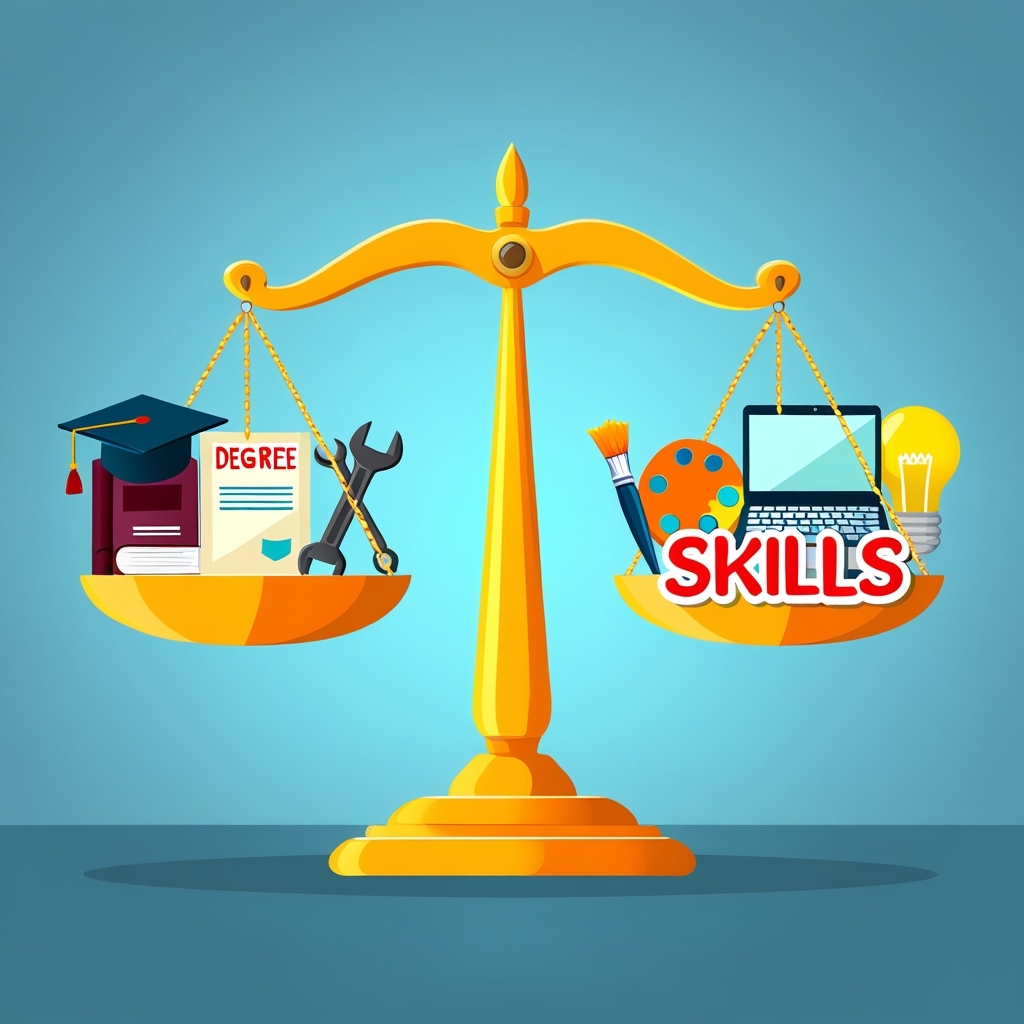 An illustration of a golden balance scale perfectly balanced, with 'DEGREE' on one side (represented by a graduation cap, books, and diploma) and 'SKILLS' on the other (represented by a paint palette, laptop, and lightbulb), symbolizing the importance of a balance between degrees and skills for career success.