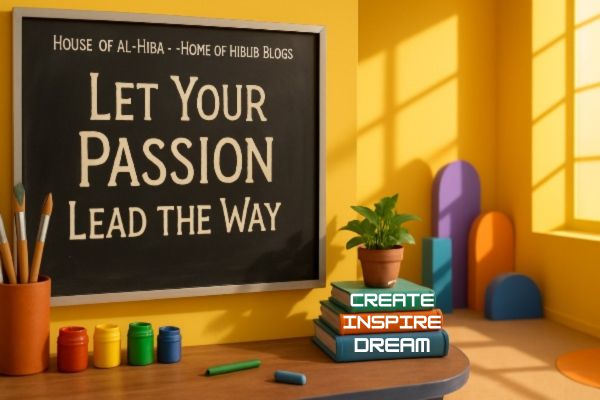 - image Colorful blackboard with the inspirational message 'Let the passion lead the way' written in white chalk, symbolizing motivation to turn hobby into career.