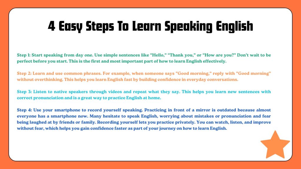 Infographic showing 4 easy steps to learn speaking English quickly and confidently.