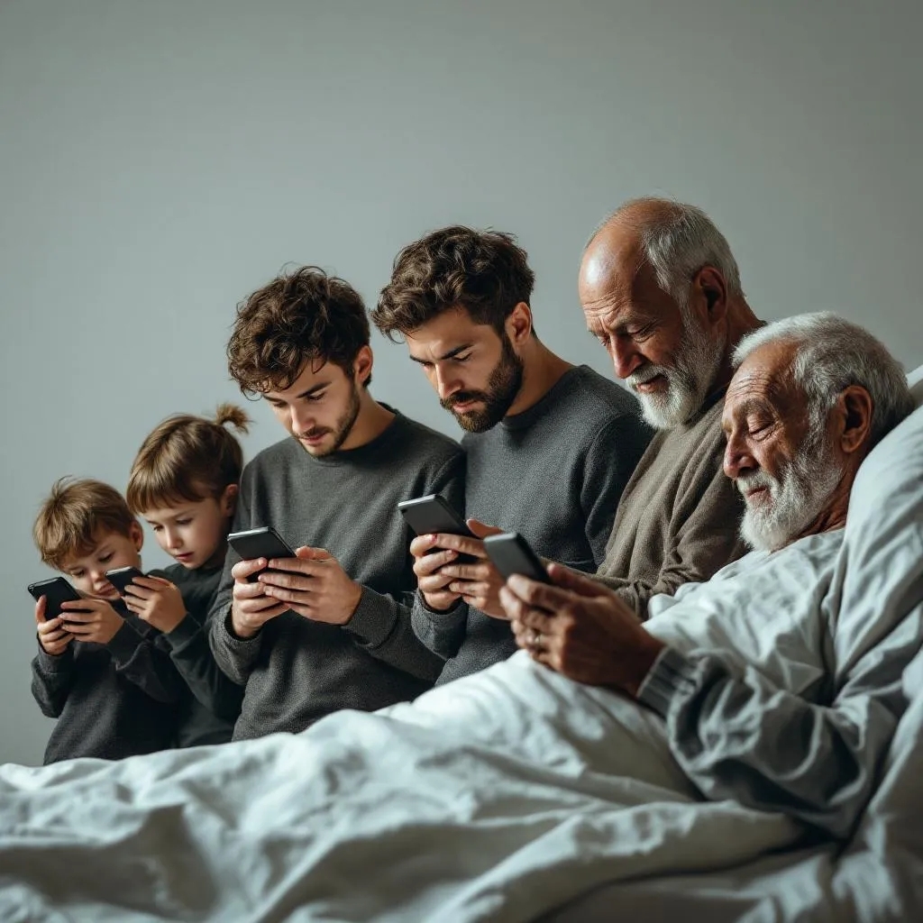 People of all ages — from a child to an adult, middle-aged person, elderly, and even a man on his deathbed — using mobile phones, symbolizing the lifelong grip of digital addiction.
