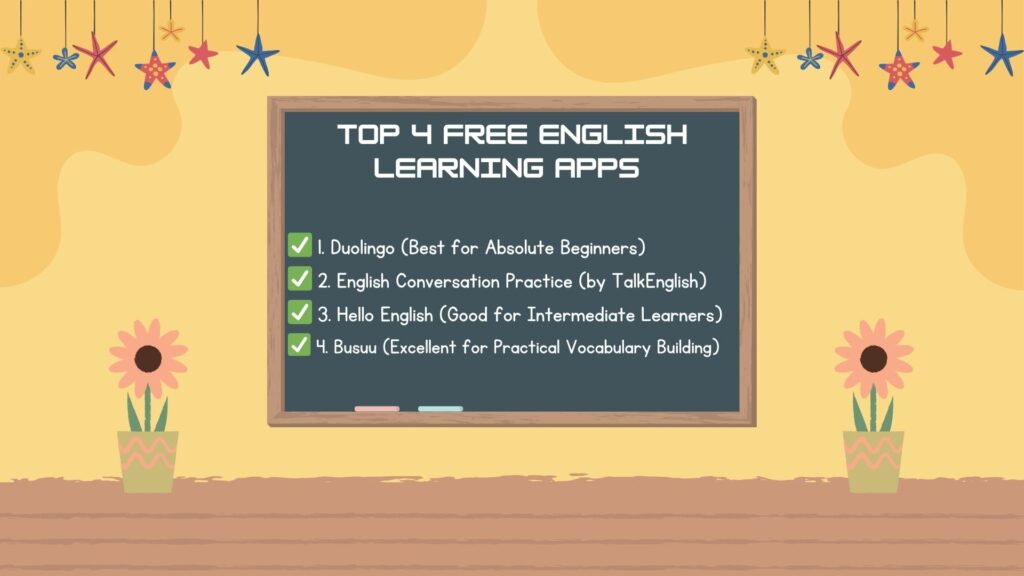 Board displaying four popular English learning apps for effective English practice.