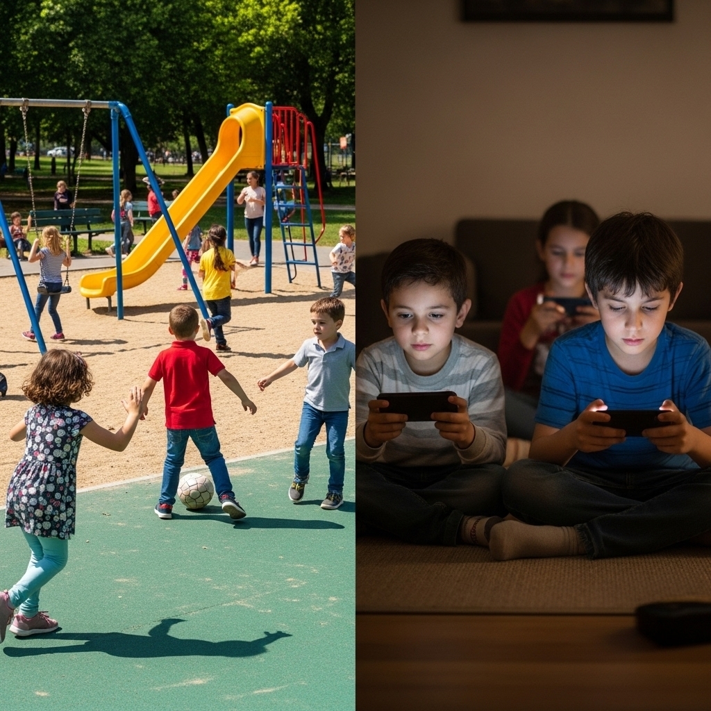 Split image showing children playing outdoors in a park on one side and children playing video games indoors on the other, highlighting the contrast between outdoor activities and screen time for healthy childhood habits.