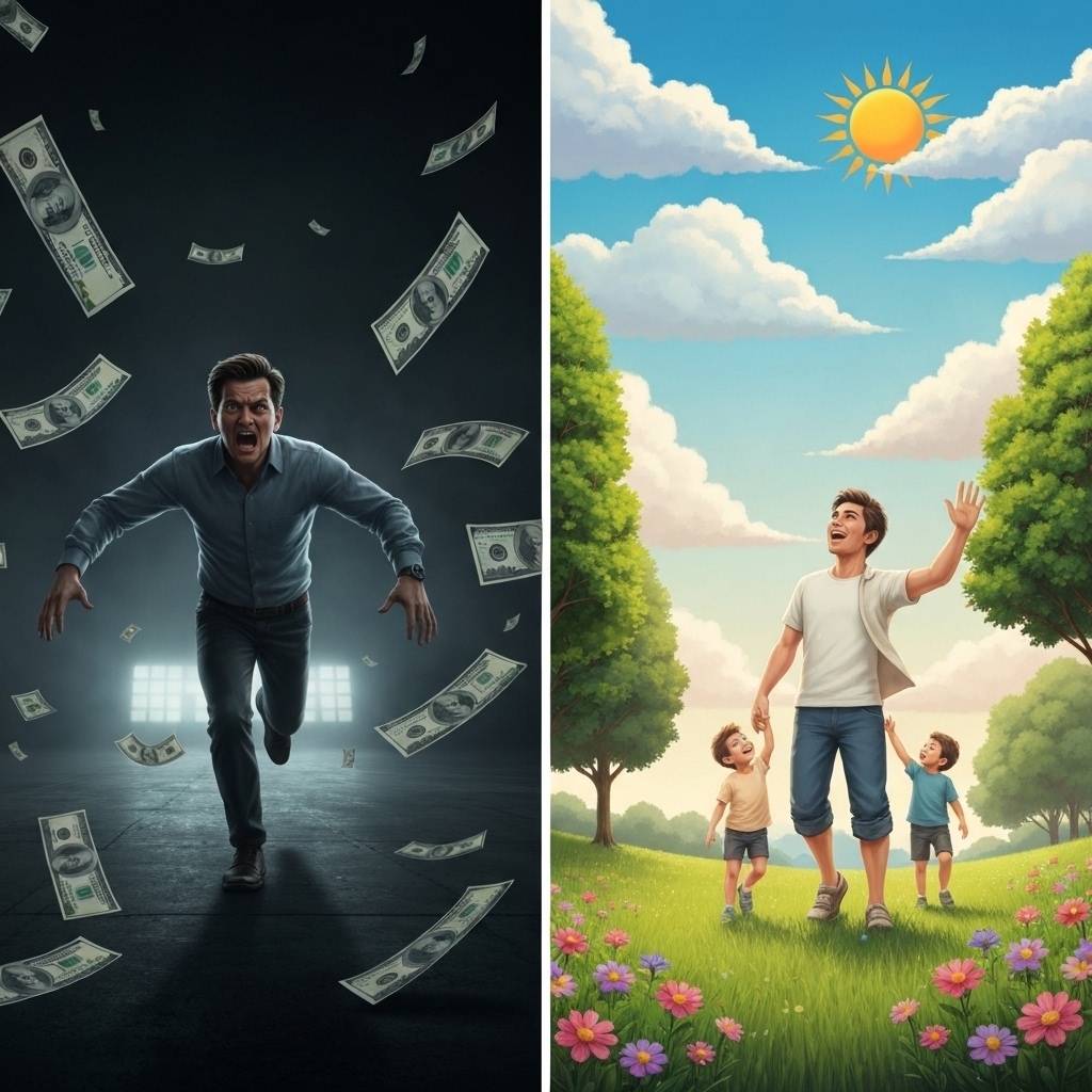 Split image: many people chasing money on one side, while a man enjoys life with his kids on the other, showing money cannot stop death
