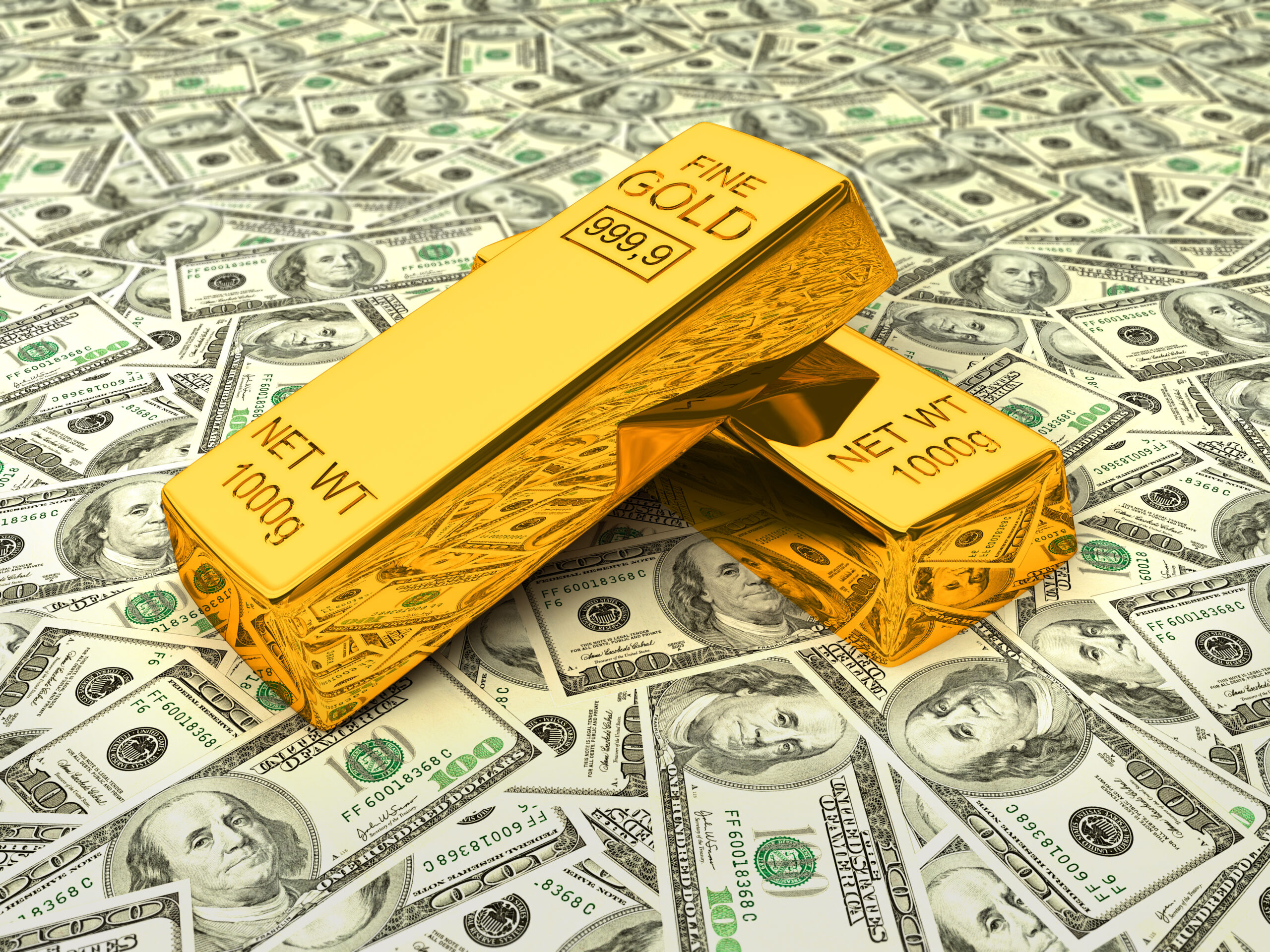 Stacks of shiny gold bars placed on top of a large pile of dollar bills, symbolizing wealth and the power of money.