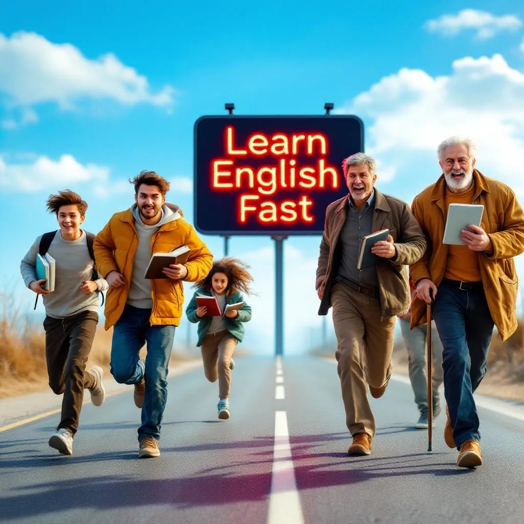 How to learn English fast – group of males from child to elderly man running towards a glowing Learn English Fast sign, holding books and tablets, showing urgency to study English before it’s too late.