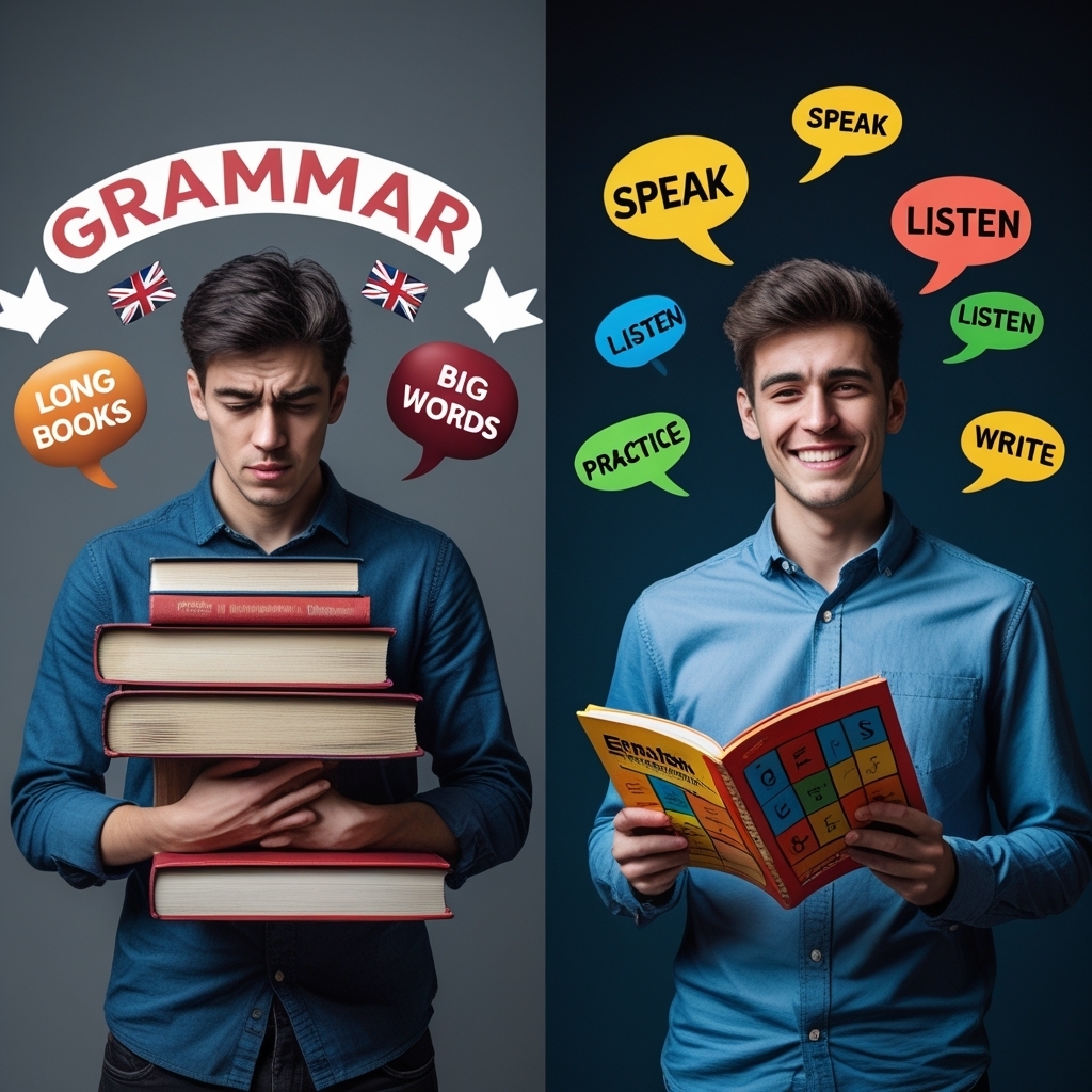 Split image showing two persons: one sad struggling with learning English grammar, and the other happy learning English without grammar, illustrating how to learn English easily.