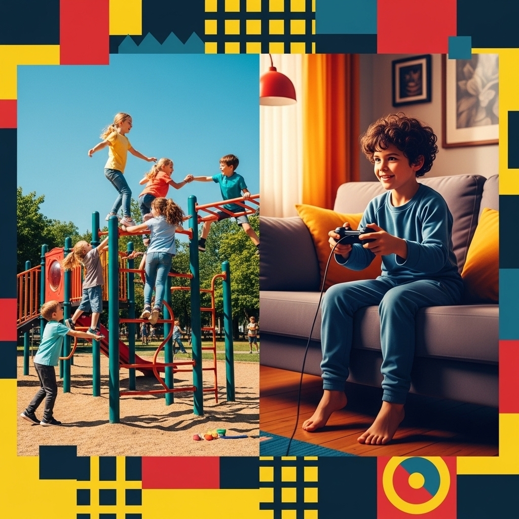 Split image showing children balancing video games indoors and outdoor play in a park, emphasizing healthy childhood habits and balanced screen time.