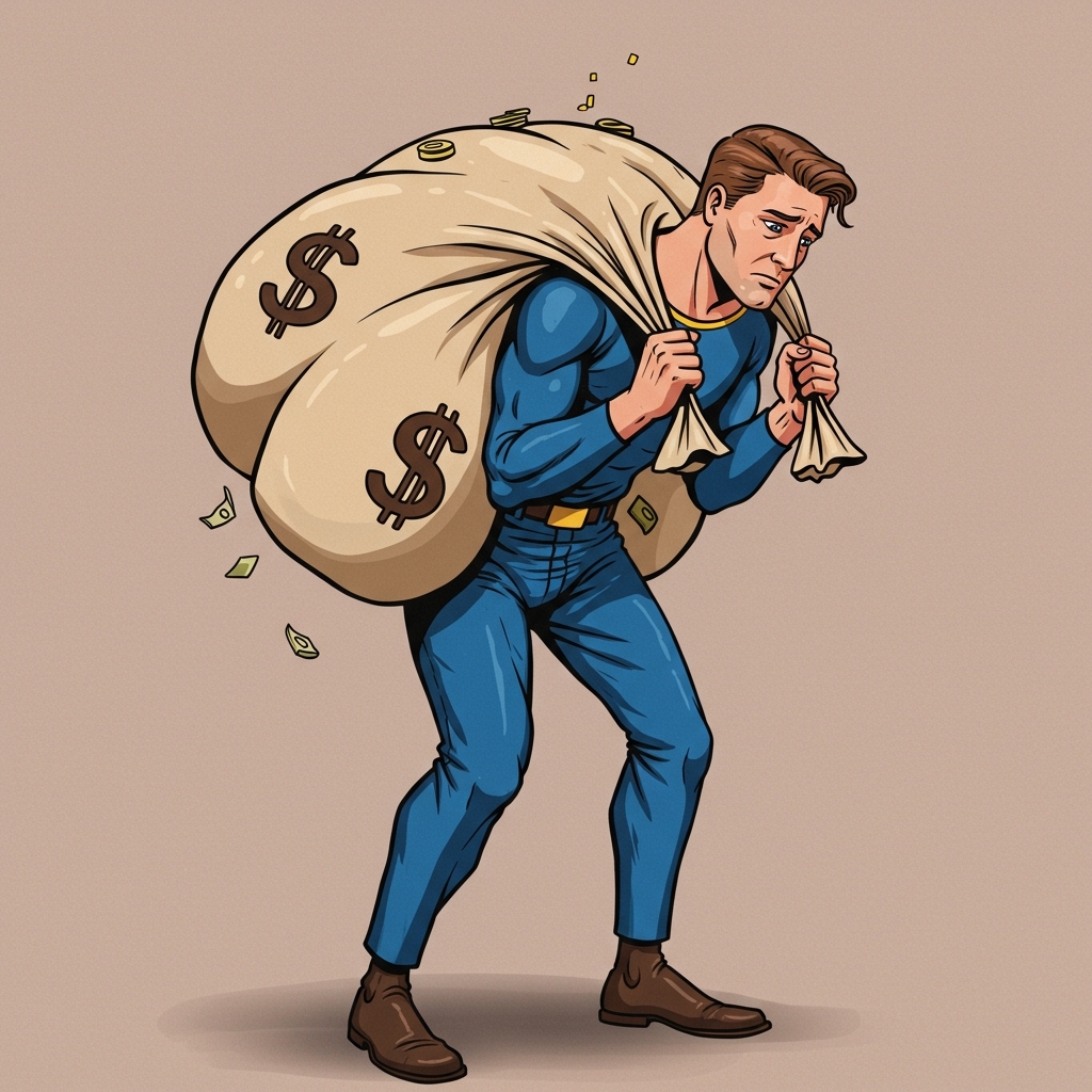 Man struggling to carry bundles of money, showing how money can become a burden