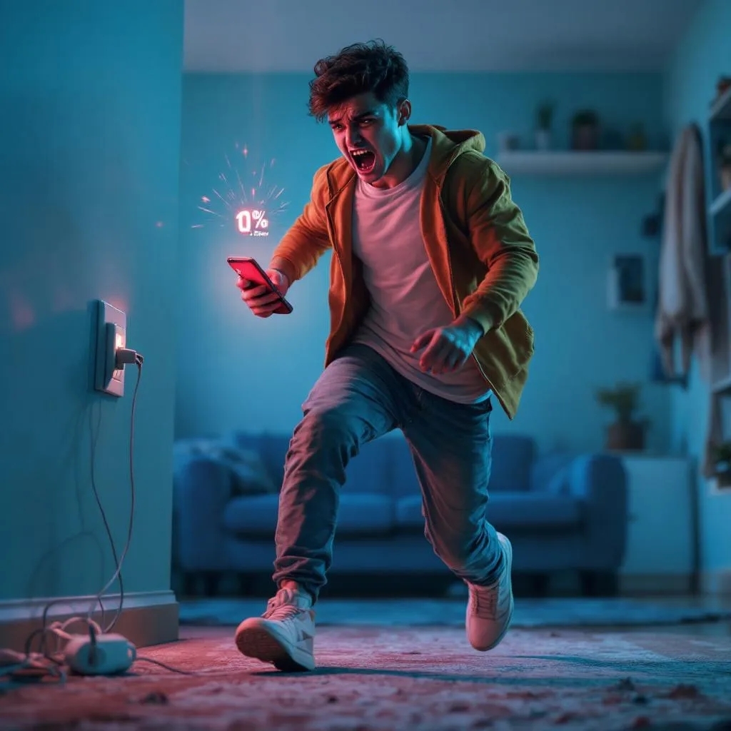 A man running frantically toward a wall socket as his phone battery hits 0% and powers off, his mouth open in exhaustion and shock, capturing the urgency and dependency of mobile phone addiction.