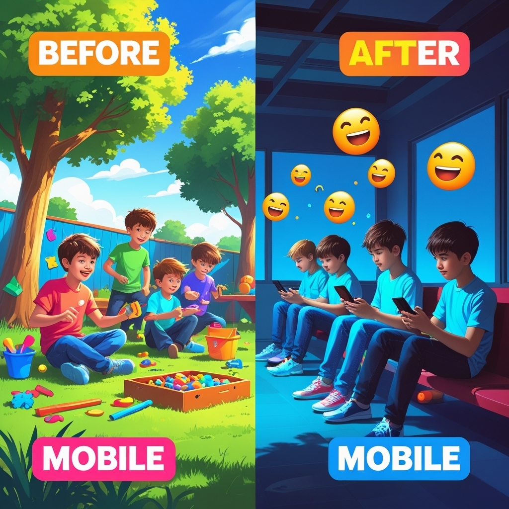 A split image showing life before and after mobile phone addiction: on the left, children playing outside in beautiful nature on a sunny morning with clouds, trees, and grass — happily sitting together, creating things, and helping each other. On the right, after mobile use, the same children sit silently in a dark blue-lit room, all focused on their mobile phones, not interacting, with robot-like mobile emojis floating above them.