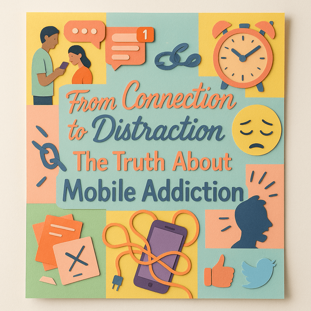 A paper titled “From Connection to Distraction: The Truth About Mobile Addiction” with visual symbols showing how smartphones distract users, representing the concept of smartphone addiction.
