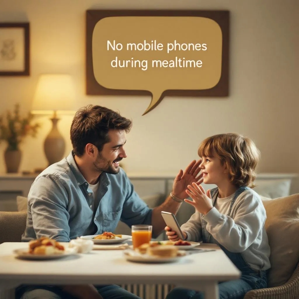 A child holding a mobile phone at the meal table while the father smiles and explains mobile usage rules, with a speech bubble above that reads “No mobile phones during meal time,” promoting healthy habits to prevent mobile phone addiction.