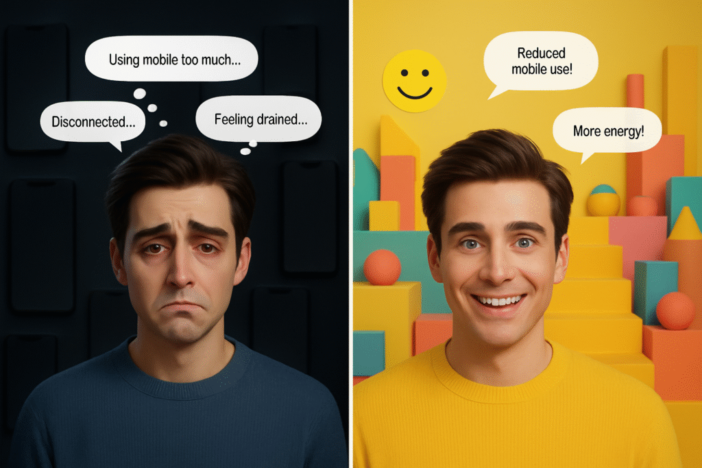 A split image showing digital addiction: on the left, a boy with dark circles under his eyes, looking exhausted and sad, against a dark background filled with mobile phones. Speech bubbles read “Using mobile too much,” “Disconnected,” and “Feeling drained.” On the right, the same boy appears happy and refreshed in a bright, creative background, with bubbles saying “Reduced mobile use,” “More energy,” and a happiness emoji.