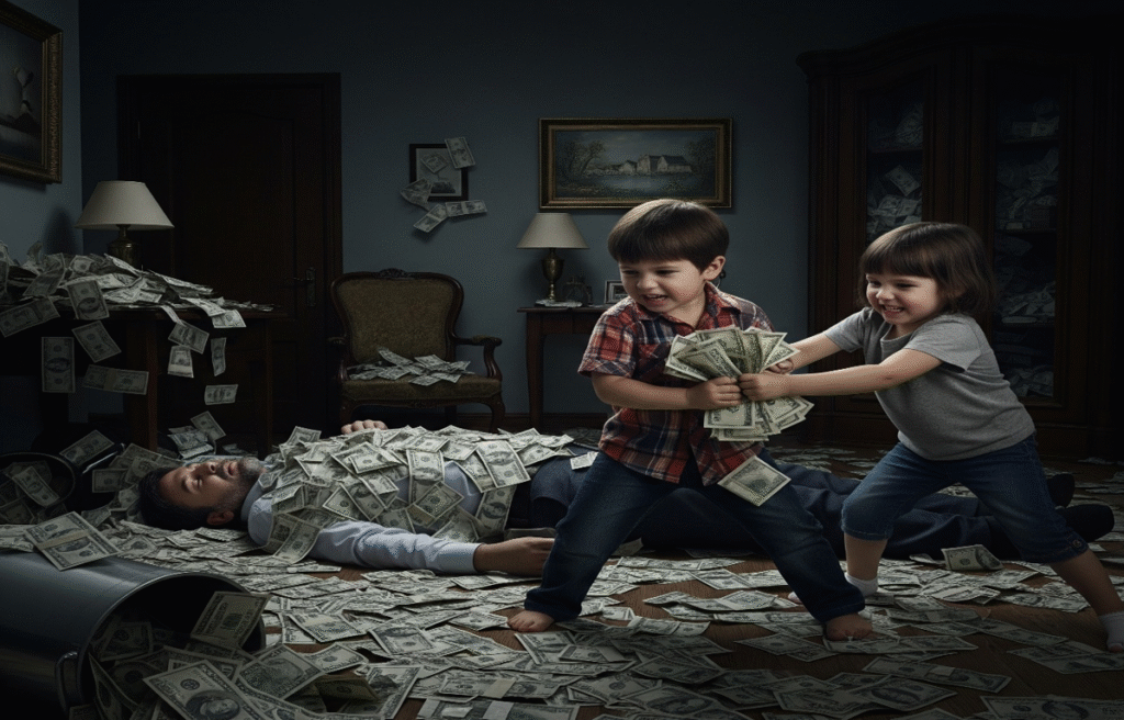 Father has died, and his children are fighting over money, showing that wealth cannot escape death