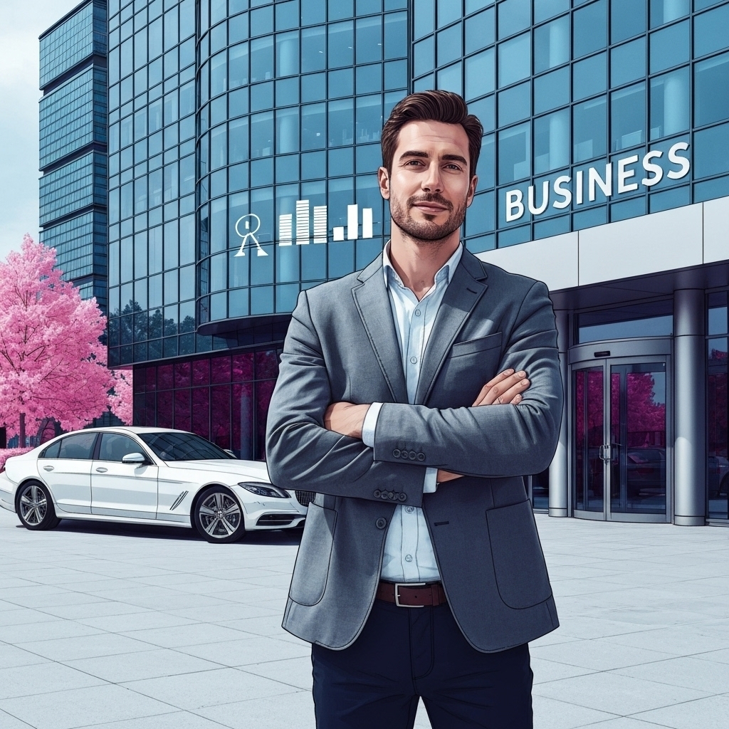 - Business Business vs job concept showing a confident male entrepreneur in a blazer standing outside a modern office building with the word “Business” written on the image.