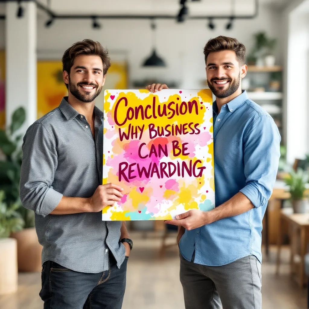 - Conclusion Business Two confident male entrepreneurs in smart casual attire holding a colorful board listing why business can be rewarding, including unlimited earning potential, independence, pursuing passion, creating employment, building long-term assets, personal growth, and lifestyle flexibility.