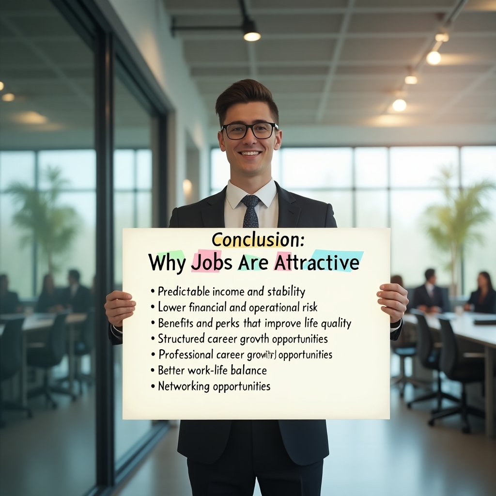 - Conclusion jobs A young male professional in formal attire holding a colorful board listing the reasons why jobs are attractive, including predictable income, lower risk, benefits, career growth, learning opportunities, work-life balance, and networking.