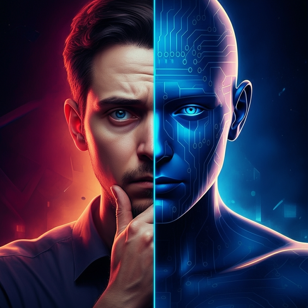 Half human, half robotic face representing AI and human interaction.