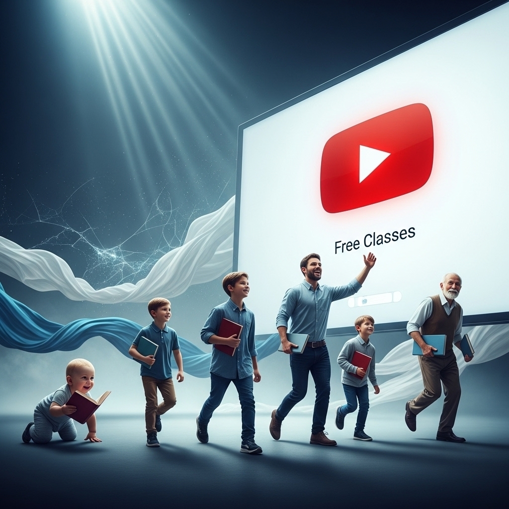 Males of all ages, from a crawling baby to an elderly man, eagerly holding books and moving toward a large screen showing YouTube free classes, symbolizing lifelong learning.