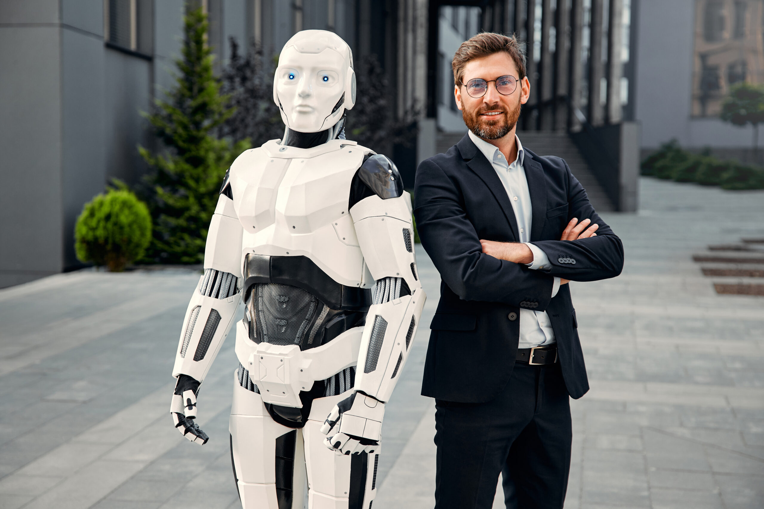 Realistic image of a man facing an AI robot with a futuristic background.