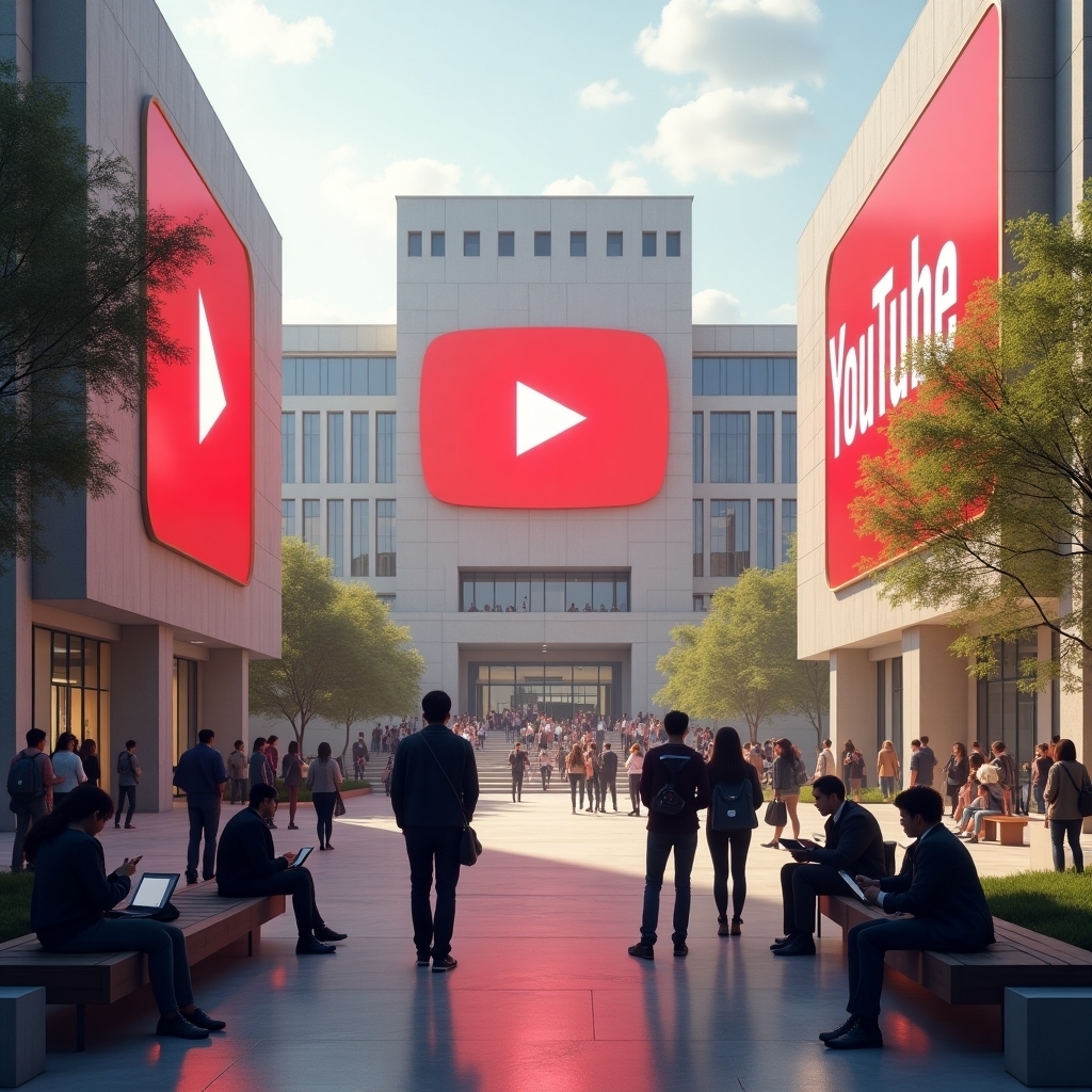 Ultra-realistic daytime view of a modern university campus made of digital screens and giant YouTube play icons, with students of all ages studying, holding books and laptops, and watching lessons on large screens. The central building features a glowing YouTube logo, symbolizing YouTube as the World’s Biggest University.
