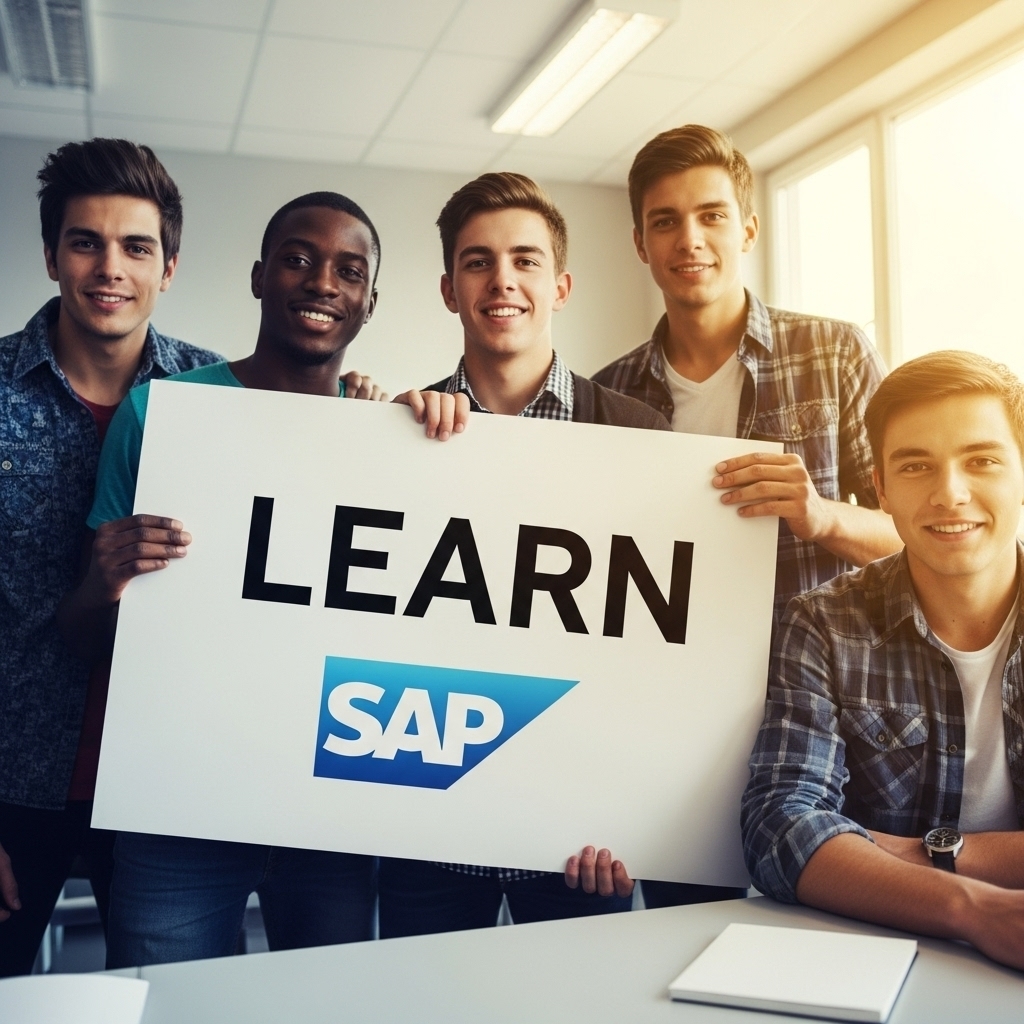 - Learn SAP Young male students holding a large placard that says 'Learn SAP' in a classroom setting, promoting SAP training and online learning.