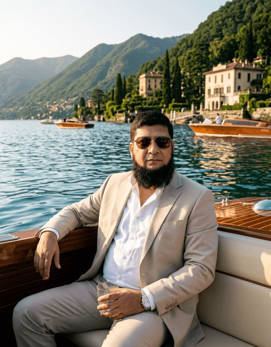 Rich man sitting in a luxury hotel by the sea, representing high-end living lifestyle.