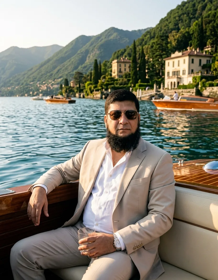 Rich man sitting in a luxury hotel by the sea, representing high-end living lifestyle.